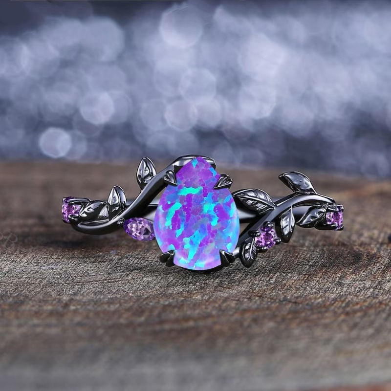 2pcs Black Teardrop Cut Purple Stone Ring Set